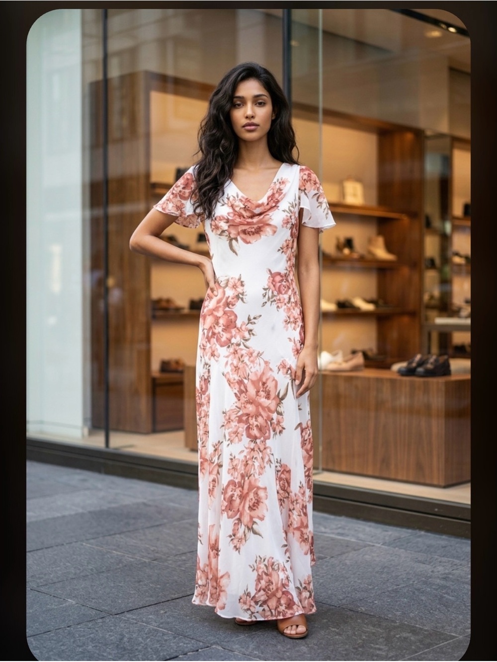Amanda Lane White Maxi Dress with Rust Floral Print